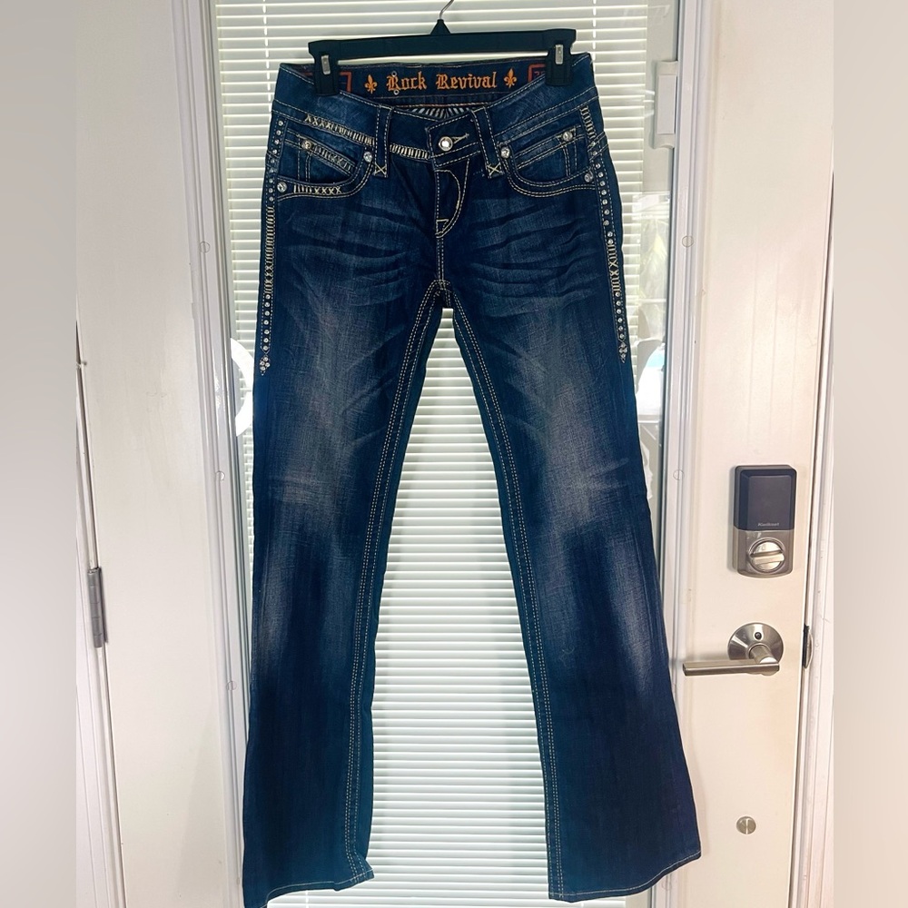 Rock Revival Gwen Boot Super Low Rise Rhinestone Heavy Stitch Denim Jeans Sz 26
